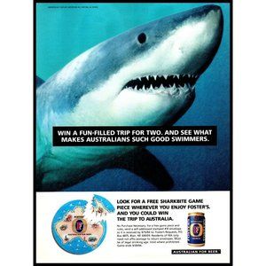 1994 Foster's Lager Australian for Beer Vintage Print Ad Great White Shark Photo